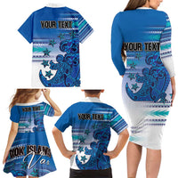 Personalised Cook Islands Va'a Race Family Matching Long Sleeve Bodycon Dress and Hawaiian Shirt Te Tatau Tattoos Sporty Style Light Blue Color - Polynesian Pride