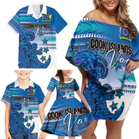 Personalised Cook Islands Va'a Race Family Matching Off Shoulder Short Dress and Hawaiian Shirt Te Tatau Tattoos Sporty Style Light Blue Color - Polynesian Pride