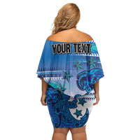 Personalised Cook Islands Va'a Race Family Matching Off Shoulder Short Dress and Hawaiian Shirt Te Tatau Tattoos Sporty Style Light Blue Color - Polynesian Pride