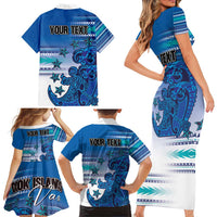 Personalised Cook Islands Va'a Race Family Matching Short Sleeve Bodycon Dress and Hawaiian Shirt Te Tatau Tattoos Sporty Style Light Blue Color - Polynesian Pride
