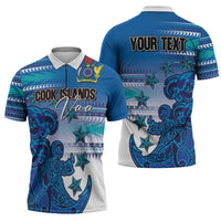 Personalised Cook Islands Va'a Race Zipper Polo Shirt Te Tatau Tattoos Sporty Style Light Blue Color - Polynesian Pride