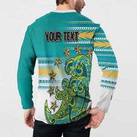 Personalised Cook Islands Va'a Race Button Sweatshirt Te Tatau Tattoos Sporty Style Turquoise Color - Polynesian Pride