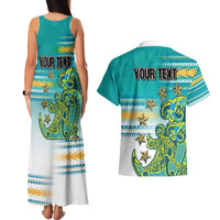 Personalised Cook Islands Va'a Race Couples Matching Tank Maxi Dress and Hawaiian Shirt Te Tatau Tattoos Sporty Style Turquoise Color - Polynesian Pride