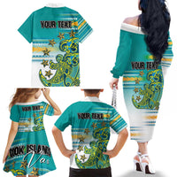 Personalised Cook Islands Va'a Race Family Matching Off The Shoulder Long Sleeve Dress and Hawaiian Shirt Te Tatau Tattoos Sporty Style Turquoise Color - Polynesian Pride
