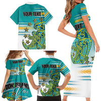 Personalised Cook Islands Va'a Race Family Matching Short Sleeve Bodycon Dress and Hawaiian Shirt Te Tatau Tattoos Sporty Style Turquoise Color - Polynesian Pride