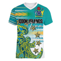 Personalised Cook Islands Va'a Race Women V-Neck T-Shirt Te Tatau Tattoos Sporty Style Turquoise Color - Polynesian Pride