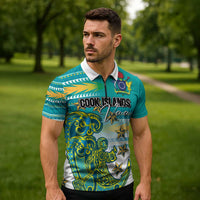 Personalised Cook Islands Va'a Race Zipper Polo Shirt Te Tatau Tattoos Sporty Style Turquoise Color - Polynesian Pride