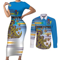 Personalised Cook Islands Va'a Race Couples Matching Short Sleeve Bodycon Dress and Long Sleeve Button Shirt Te Tatau Tattoos Sporty Style Glory Blue Color - Polynesian Pride
