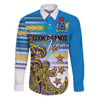 Personalised Cook Islands Va'a Race Family Matching Off The Shoulder Long Sleeve Dress and Hawaiian Shirt Te Tatau Tattoos Sporty Style Glory Blue Color - Polynesian Pride