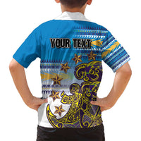 Personalised Cook Islands Va'a Race Family Matching Off Shoulder Maxi Dress and Hawaiian Shirt Te Tatau Tattoos Sporty Style Glory Blue Color - Polynesian Pride