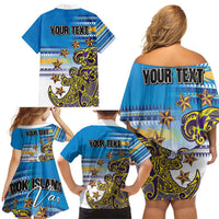 Personalised Cook Islands Va'a Race Family Matching Off Shoulder Short Dress and Hawaiian Shirt Te Tatau Tattoos Sporty Style Glory Blue Color - Polynesian Pride