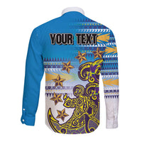 Personalised Cook Islands Va'a Race Long Sleeve Button Shirt Te Tatau Tattoos Sporty Style Glory Blue Color - Polynesian Pride