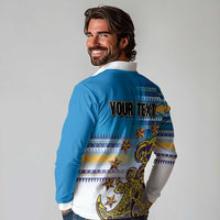 Personalised Cook Islands Va'a Race Long Sleeve Polo Shirt Te Tatau Tattoos Sporty Style Glory Blue Color - Polynesian Pride