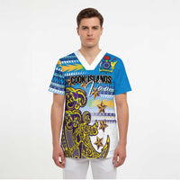 Personalised Cook Islands Va'a Race Scrub Top Te Tatau Tattoos Sporty Style Glory Blue Color - Polynesian Pride