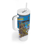 Personalised Cook Islands Va'a Race Tumbler With Handle Te Tatau Tattoos Sporty Style Glory Blue Color - Polynesian Pride