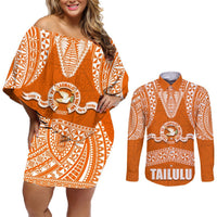 Tonga Tailulu College Couples Matching Off Shoulder Short Dress and Long Sleeve Button Shirt Traditional Ngatu and Polynesian Pattern LT03 Orange - Polynesian Pride