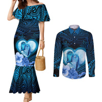 Dolphin Couple Love Story Valentine Day Couples Matching Mermaid Dress and Long Sleeve Button Shirt With Polynesian Tribal Tattoo Blue Style LT03 Blue - Polynesian Pride