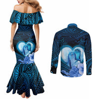 Dolphin Couple Love Story Valentine Day Couples Matching Mermaid Dress and Long Sleeve Button Shirt With Polynesian Tribal Tattoo Blue Style LT03 - Polynesian Pride