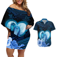 Dolphin Couple Love Story Valentine Day Couples Matching Off Shoulder Short Dress and Hawaiian Shirt With Polynesian Tribal Tattoo Blue Style LT03 Blue - Polynesian Pride