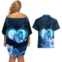 Dolphin Couple Love Story Valentine Day Couples Matching Off Shoulder Short Dress and Hawaiian Shirt With Polynesian Tribal Tattoo Blue Style LT03 - Polynesian Pride