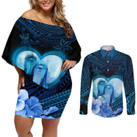 Dolphin Couple Love Story Valentine Day Couples Matching Off Shoulder Short Dress and Long Sleeve Button Shirt With Polynesian Tribal Tattoo Blue Style LT03 Blue - Polynesian Pride