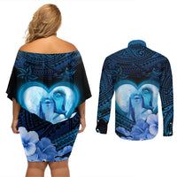 Dolphin Couple Love Story Valentine Day Couples Matching Off Shoulder Short Dress and Long Sleeve Button Shirt With Polynesian Tribal Tattoo Blue Style LT03 - Polynesian Pride
