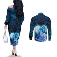 Dolphin Couple Love Story Valentine Day Couples Matching Off The Shoulder Long Sleeve Dress and Long Sleeve Button Shirt With Polynesian Tribal Tattoo Blue Style LT03 - Polynesian Pride