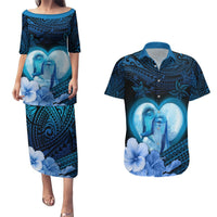 Dolphin Couple Love Story Valentine Day Couples Matching Puletasi and Hawaiian Shirt With Polynesian Tribal Tattoo Blue Style LT03 Blue - Polynesian Pride