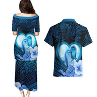 Dolphin Couple Love Story Valentine Day Couples Matching Puletasi and Hawaiian Shirt With Polynesian Tribal Tattoo Blue Style LT03 - Polynesian Pride