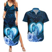 Dolphin Couple Love Story Valentine Day Couples Matching Summer Maxi Dress and Hawaiian Shirt With Polynesian Tribal Tattoo Blue Style LT03 Blue - Polynesian Pride