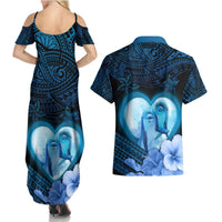 Dolphin Couple Love Story Valentine Day Couples Matching Summer Maxi Dress and Hawaiian Shirt With Polynesian Tribal Tattoo Blue Style LT03 - Polynesian Pride