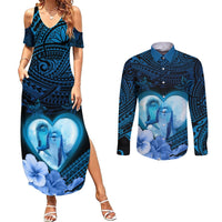 Dolphin Couple Love Story Valentine Day Couples Matching Summer Maxi Dress and Long Sleeve Button Shirt With Polynesian Tribal Tattoo Blue Style LT03 Blue - Polynesian Pride