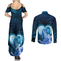 Dolphin Couple Love Story Valentine Day Couples Matching Summer Maxi Dress and Long Sleeve Button Shirt With Polynesian Tribal Tattoo Blue Style LT03 - Polynesian Pride