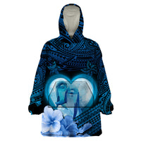 Dolphin Couple Love Story Valentine Day Wearable Blanket Hoodie With Polynesian Tribal Tattoo Blue Style LT03 One Size Blue - Polynesian Pride