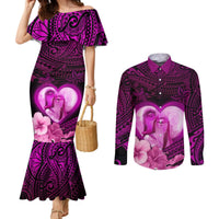 Dolphin Couple Love Story Valentine Day Couples Matching Mermaid Dress and Long Sleeve Button Shirt With Polynesian Tribal Tattoo Pink Style LT03 Pink - Polynesian Pride