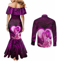 Dolphin Couple Love Story Valentine Day Couples Matching Mermaid Dress and Long Sleeve Button Shirt With Polynesian Tribal Tattoo Pink Style LT03 - Polynesian Pride
