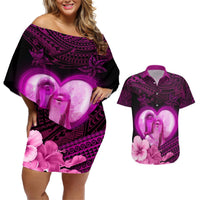 Dolphin Couple Love Story Valentine Day Couples Matching Off Shoulder Short Dress and Hawaiian Shirt With Polynesian Tribal Tattoo Pink Style LT03 Pink - Polynesian Pride