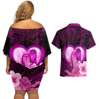 Dolphin Couple Love Story Valentine Day Couples Matching Off Shoulder Short Dress and Hawaiian Shirt With Polynesian Tribal Tattoo Pink Style LT03 - Polynesian Pride