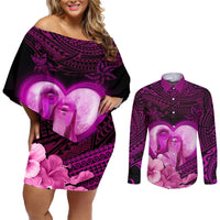 Dolphin Couple Love Story Valentine Day Couples Matching Off Shoulder Short Dress and Long Sleeve Button Shirt With Polynesian Tribal Tattoo Pink Style LT03 Pink - Polynesian Pride