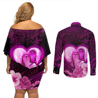 Dolphin Couple Love Story Valentine Day Couples Matching Off Shoulder Short Dress and Long Sleeve Button Shirt With Polynesian Tribal Tattoo Pink Style LT03 - Polynesian Pride
