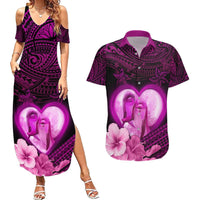 Dolphin Couple Love Story Valentine Day Couples Matching Summer Maxi Dress and Hawaiian Shirt With Polynesian Tribal Tattoo Pink Style LT03 Pink - Polynesian Pride