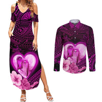 Dolphin Couple Love Story Valentine Day Couples Matching Summer Maxi Dress and Long Sleeve Button Shirt With Polynesian Tribal Tattoo Pink Style LT03 Pink - Polynesian Pride