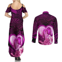 Dolphin Couple Love Story Valentine Day Couples Matching Summer Maxi Dress and Long Sleeve Button Shirt With Polynesian Tribal Tattoo Pink Style LT03 - Polynesian Pride