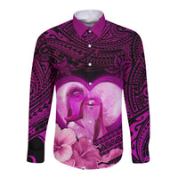 Dolphin Couple Love Story Valentine Day Long Sleeve Button Shirt With Polynesian Tribal Tattoo Pink Style LT03 Unisex Pink - Polynesian Pride