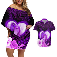 Dolphin Couple Love Story Valentine Day Couples Matching Off Shoulder Short Dress and Hawaiian Shirt With Polynesian Tribal Tattoo Purple Style LT03 Purple - Polynesian Pride