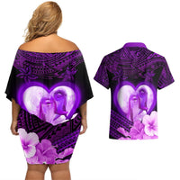 Dolphin Couple Love Story Valentine Day Couples Matching Off Shoulder Short Dress and Hawaiian Shirt With Polynesian Tribal Tattoo Purple Style LT03 - Polynesian Pride