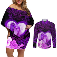 Dolphin Couple Love Story Valentine Day Couples Matching Off Shoulder Short Dress and Long Sleeve Button Shirt With Polynesian Tribal Tattoo Purple Style LT03 Purple - Polynesian Pride