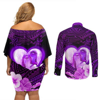 Dolphin Couple Love Story Valentine Day Couples Matching Off Shoulder Short Dress and Long Sleeve Button Shirt With Polynesian Tribal Tattoo Purple Style LT03 - Polynesian Pride