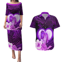 Dolphin Couple Love Story Valentine Day Couples Matching Puletasi and Hawaiian Shirt With Polynesian Tribal Tattoo Purple Style LT03 Purple - Polynesian Pride