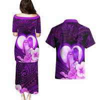 Dolphin Couple Love Story Valentine Day Couples Matching Puletasi and Hawaiian Shirt With Polynesian Tribal Tattoo Purple Style LT03 - Polynesian Pride